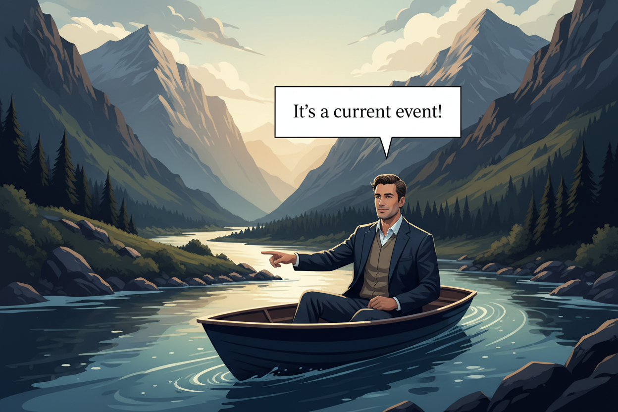 Modern illustration of guy on boat saying "It's a current event!"